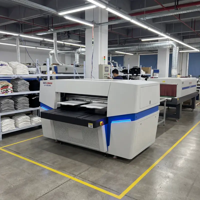 CLT-DTG-001 DTG printer producing vibrant transfers on cotton shirts